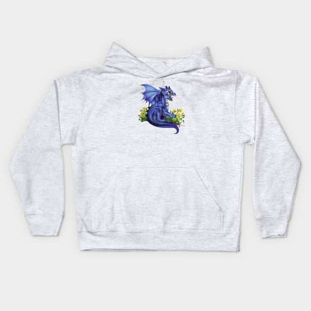 Adorable Dark Blue Indigo Baby Dragon Kids Hoodie by Sandra Staple